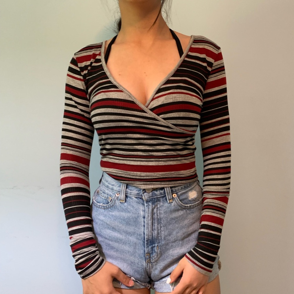 Striped Cross V-Neck Long Sleeve Shirt